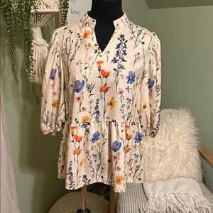 Floral Peplum V-Neck Blouse - Cream with Multi-Color Floral Print